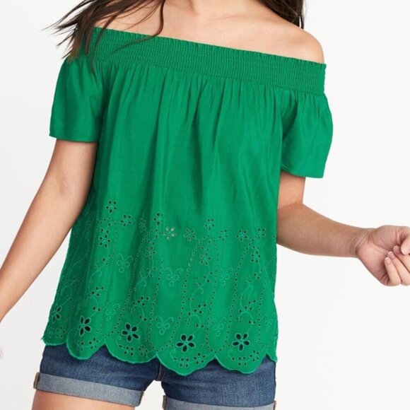Old Navy Green Eyelet Lace Off Shoulder Linen Blend Top - Picture 1 of 9